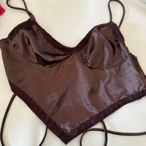REBELFLOW | Brown Satin Tie Back Handkerchief Hem Lace Trim Crop Top | Small